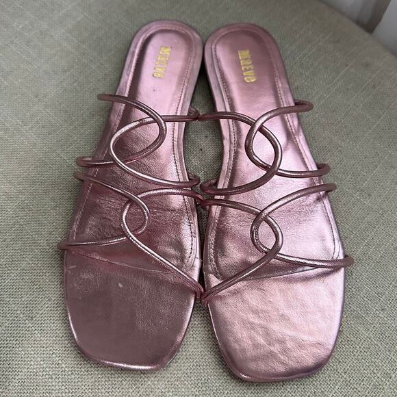NEW Maeve Anthropologie Shiny Pink Strappy Slip On Sandals Leather Square Toe 8 - Picture 2 of 10